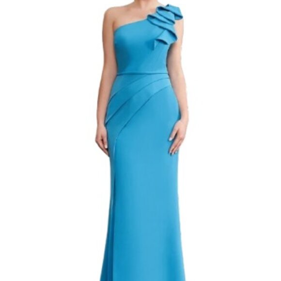 NWT Alexander by Daymor 1174 One Shoulder Evening Dress Lagoon Size 10